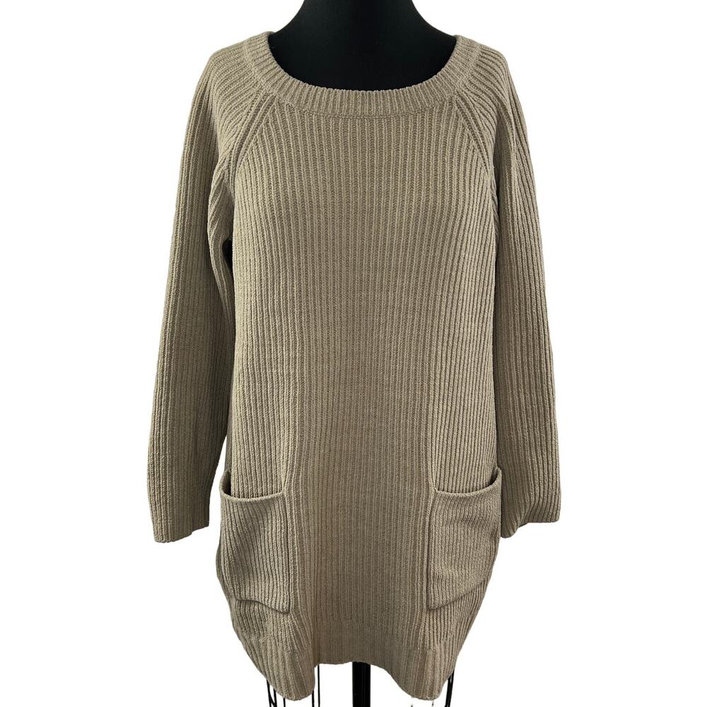 Soft Surrounding Beige Sweater Round Neck Long Sleeve Ribbed Pocket Sz M Medium
